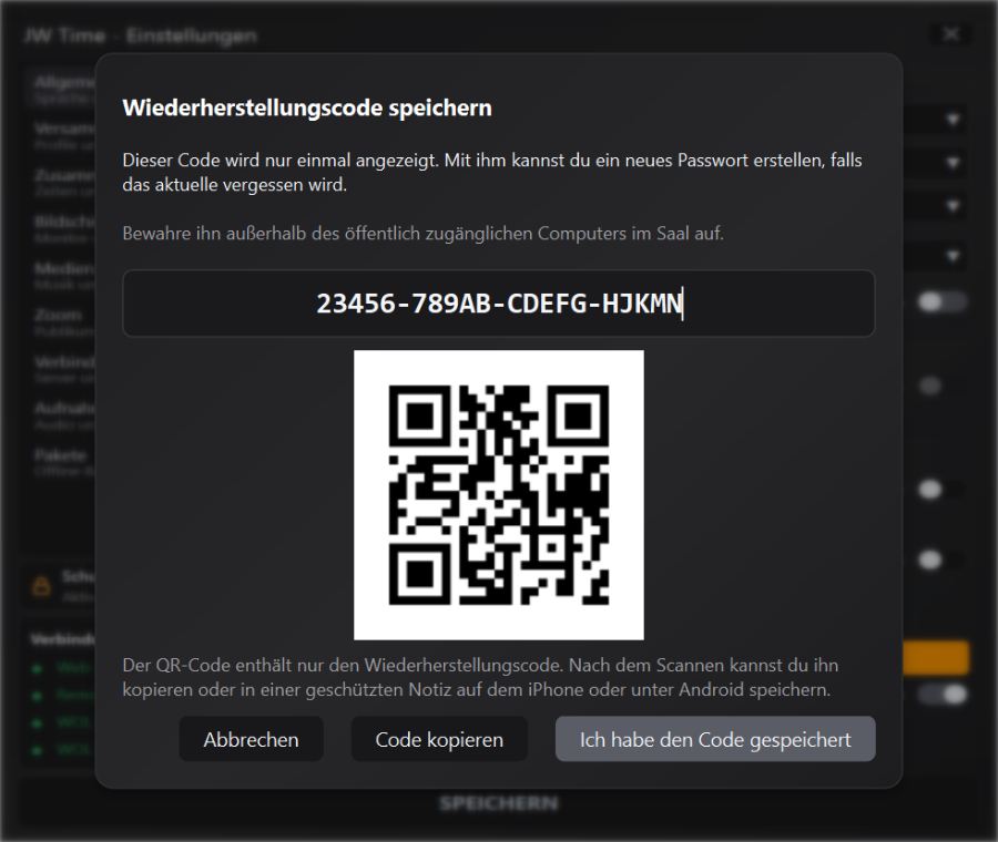 Wiederherstellungscode und QR-Code für den Schutz der Einstellungen