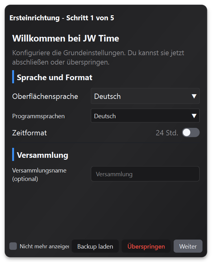 JW Time Erststart-Assistent