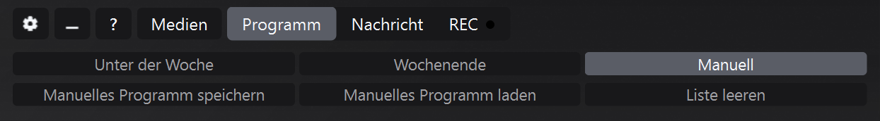 Programm-Panel im manuellen Modus mit Liste „Speichern“, „Laden“ und „Leeren“