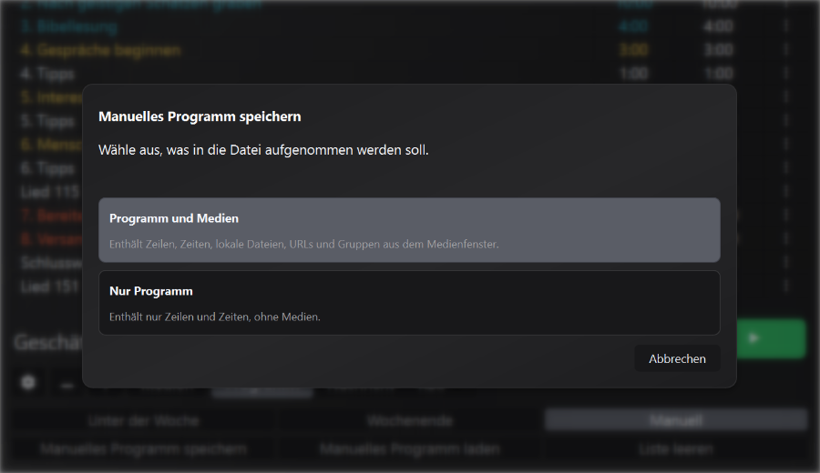 Manuelles Programmspeicher-Popup mit Auswahl zwischen Programm mit Durchschnitt und nur Zeiten