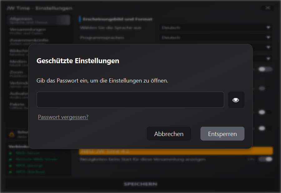 Passwortabfrage zum Entsperren der Einstellungen