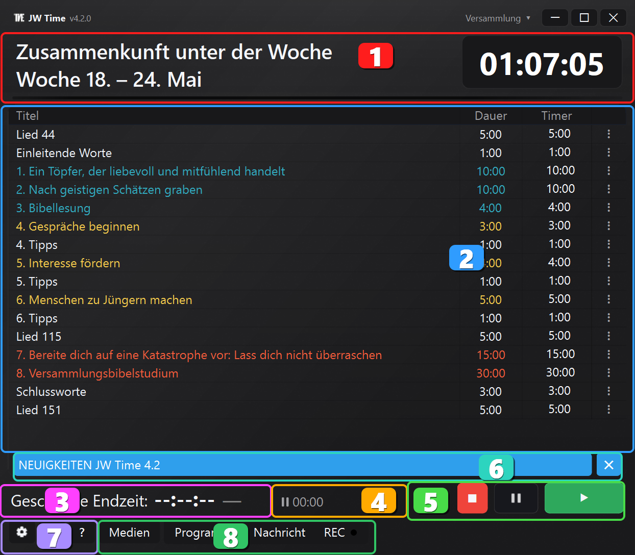 JW Time-Hauptbildschirm mit nummerierten Bereichen