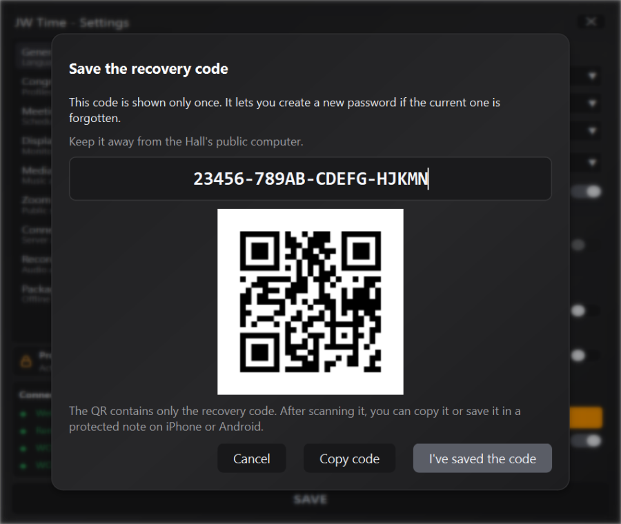 Settings protection recovery code and QR code