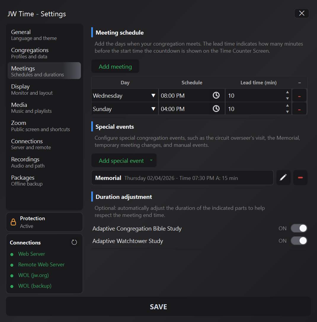 Meetings panel with start timer in JW Time