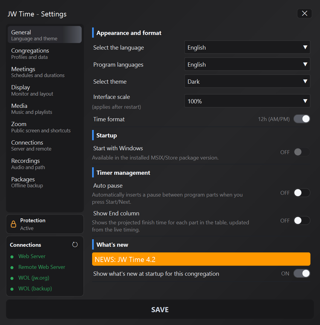JW Time General Settings panel