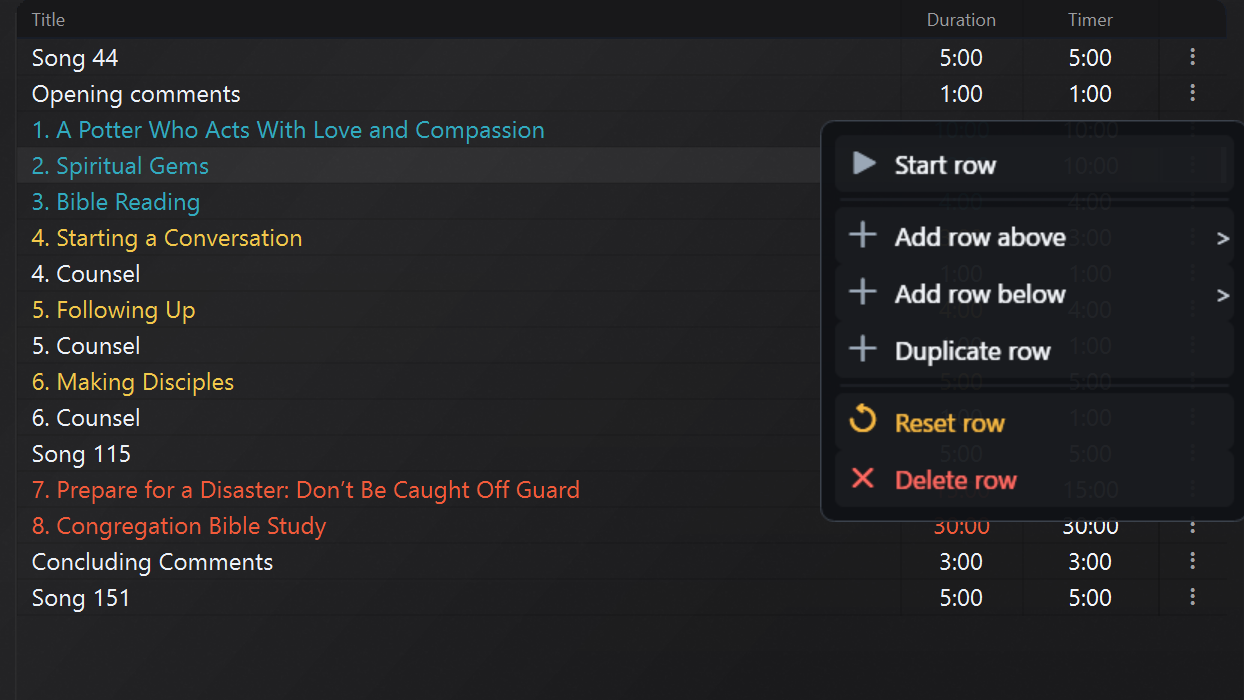 Main operations on timers