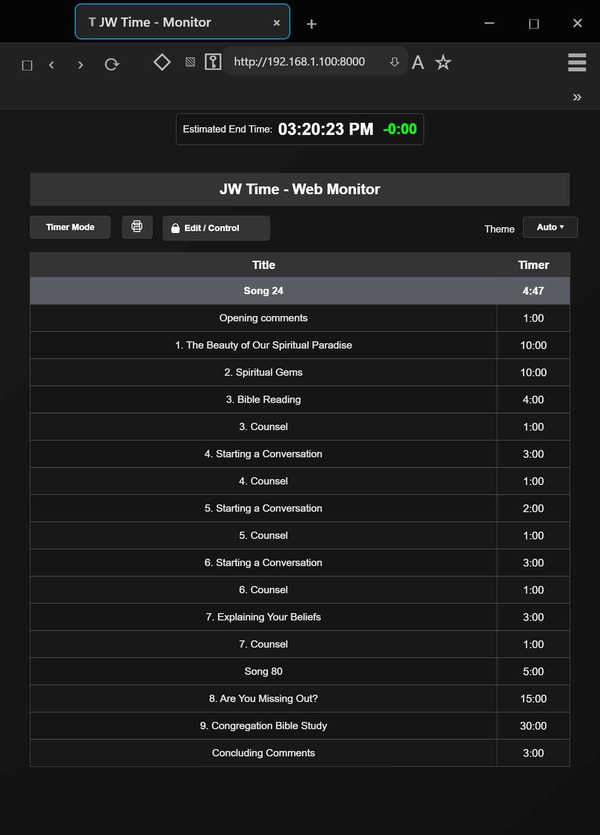 JW Time Web Monitor seen from browser