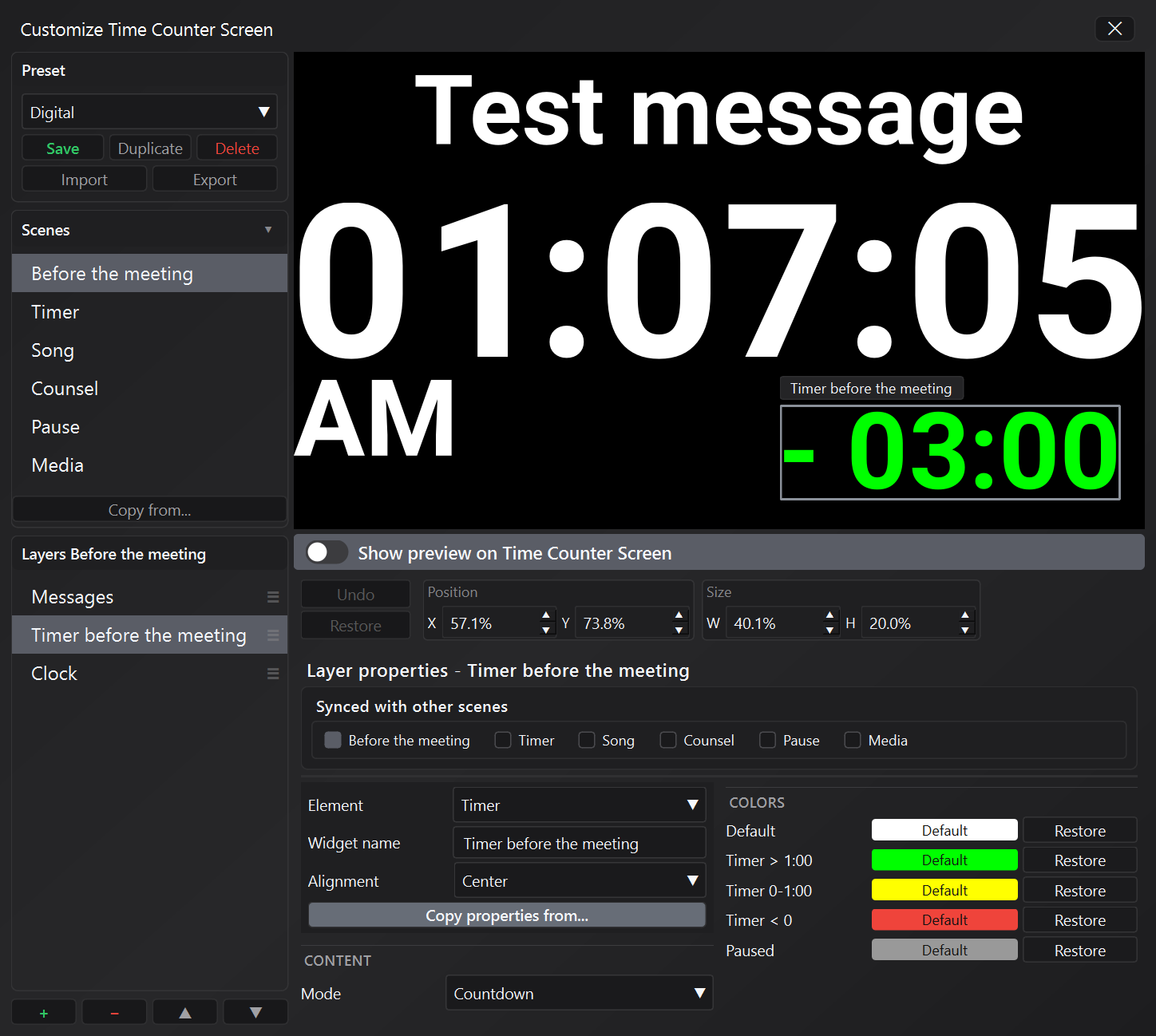 Time Counter Screen Customization Editor