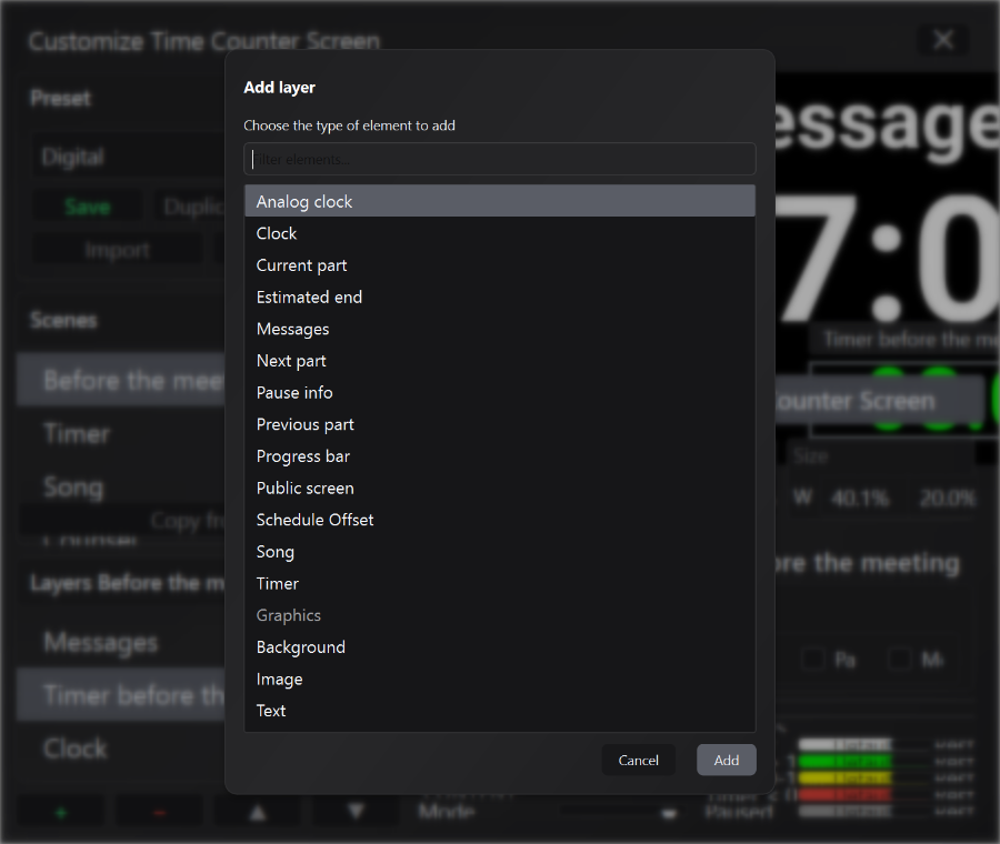 Add Layer Dialog with Item Types Available in the Time Counter Screen