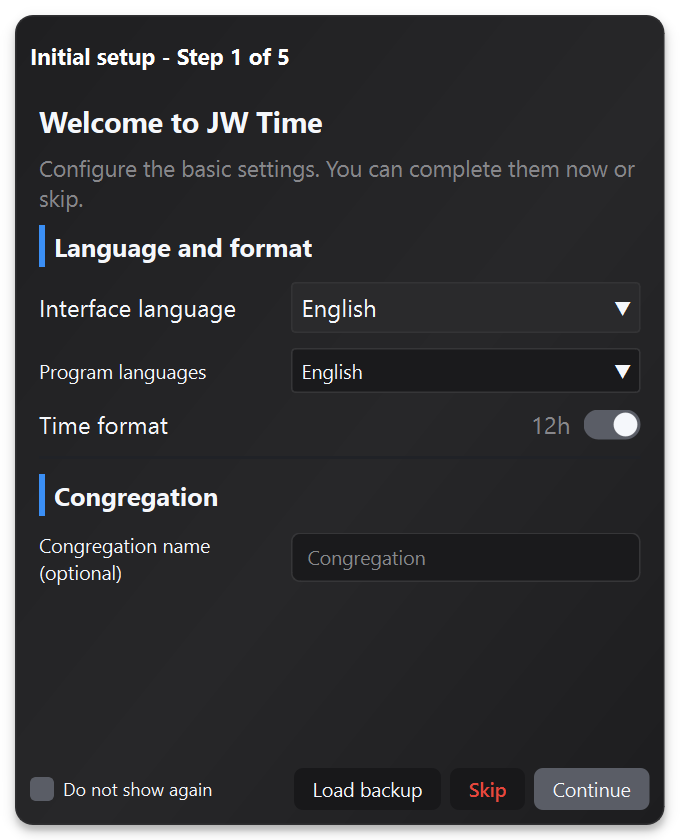 JW Time first launch wizard
