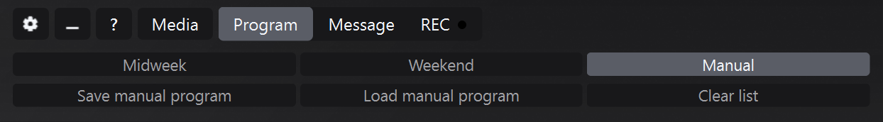 Program panel in Manual mode with Save, Load and Empty list
