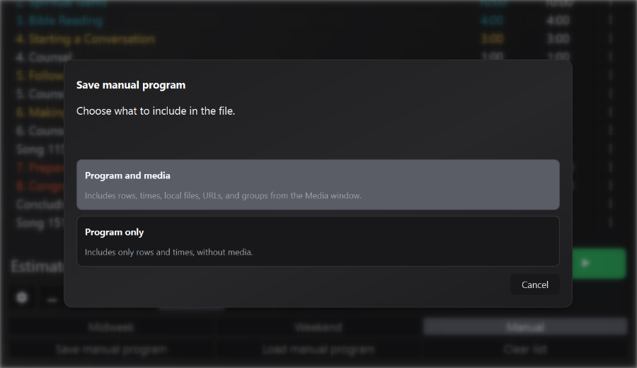 Manual program saving popup with choice between program with average and times only