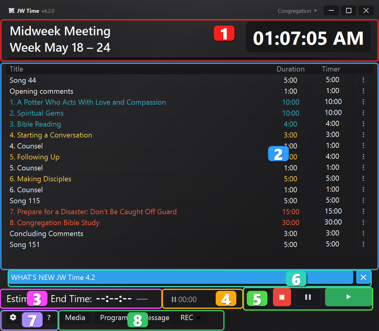 JW Time main screen with numbered areas