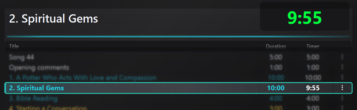 Active row highlighted in timer table