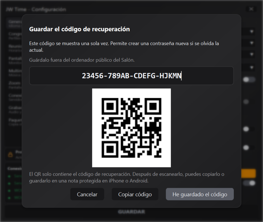 Código de recuperación y QR de la protección de los Ajustes