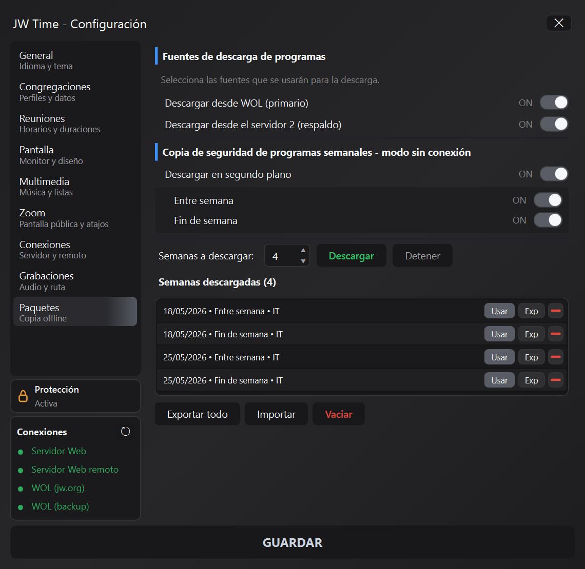Panel de copia de seguridad y restauración de JW Time