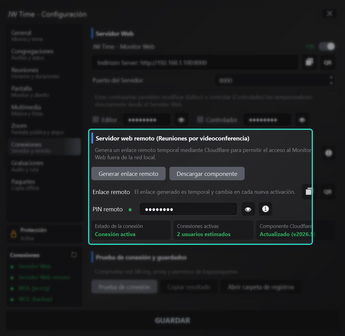 Panel de conexiones con acceso remoto resaltado
