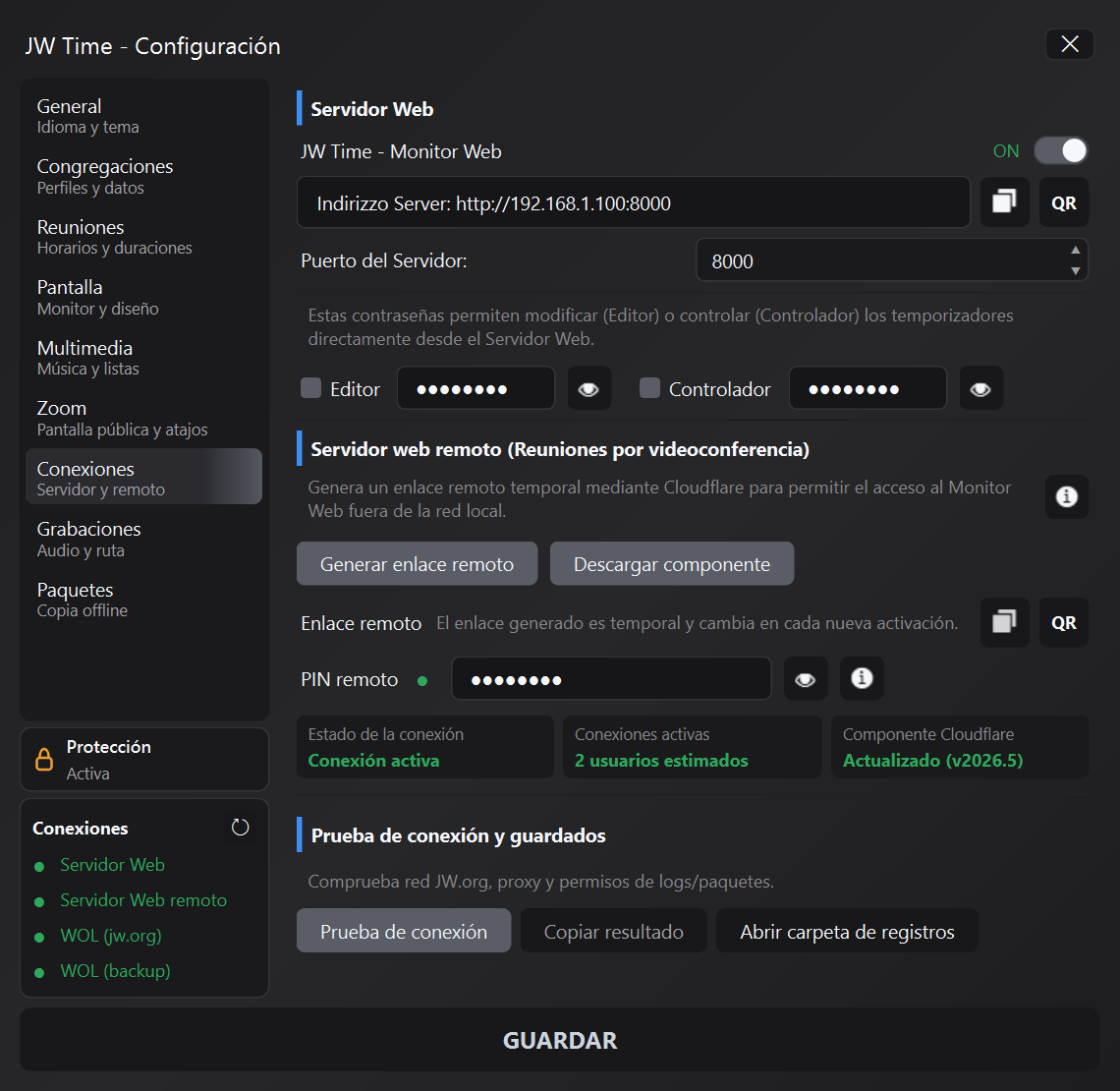 Panel de conexiones de JW Time