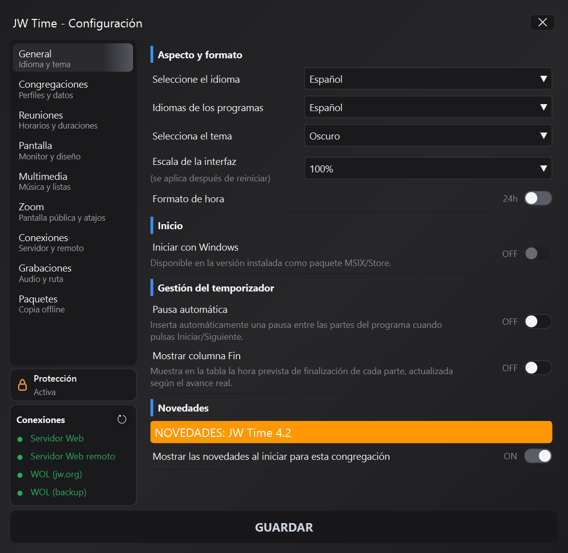 Panel de configuración general de JW Time