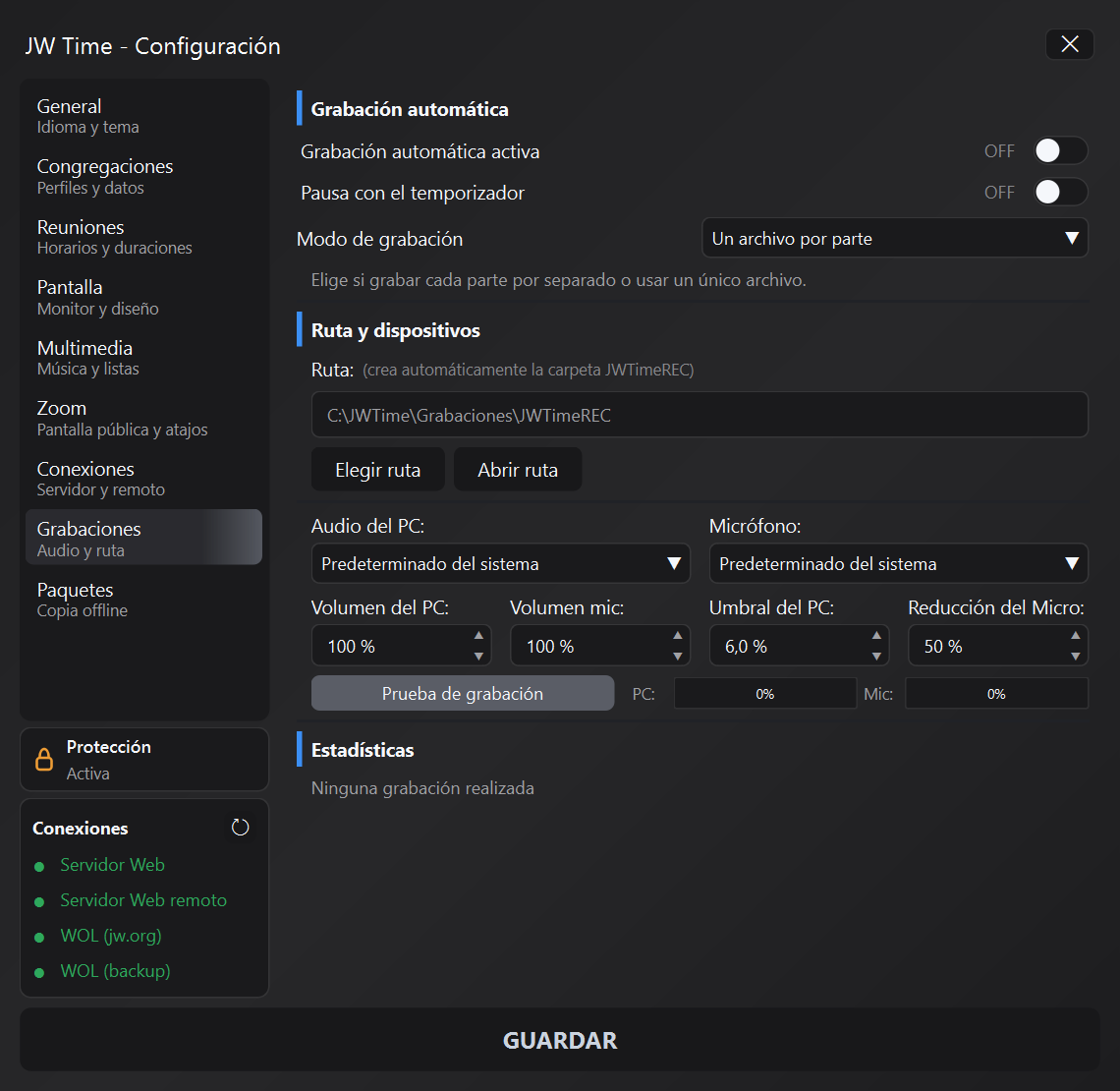 Panel de grabaciones de JW Time
