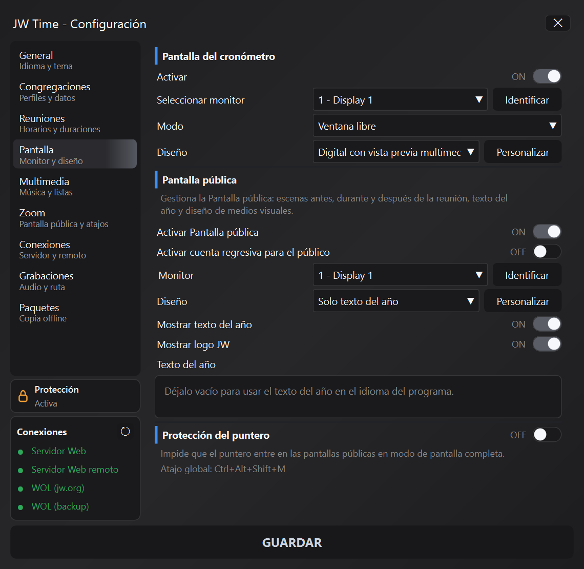 Configuración de Pantalla con Protección del puntero
