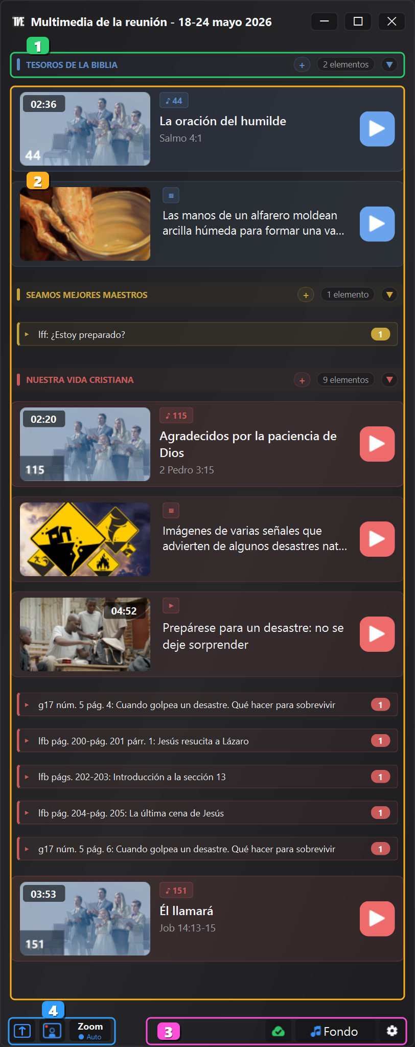 Ventana Multimedia de JW Time 4.0 con áreas principales numeradas