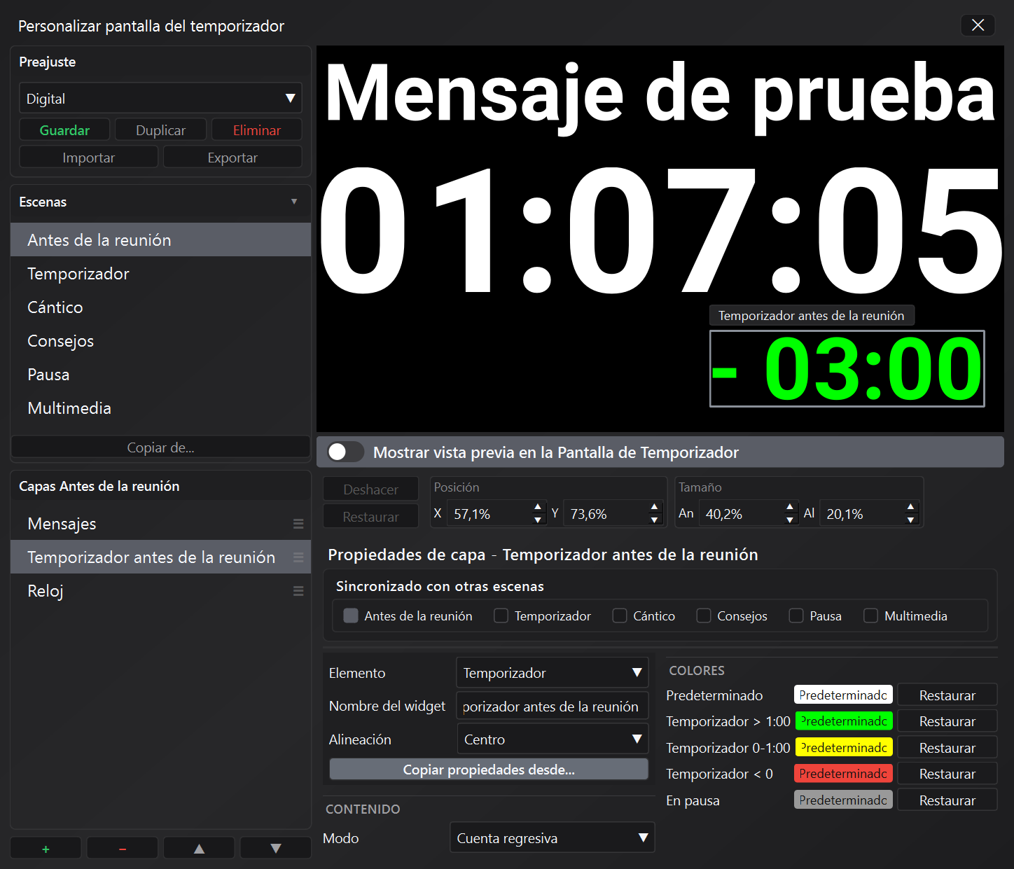 Editor de personalización de pantalla de temporizador