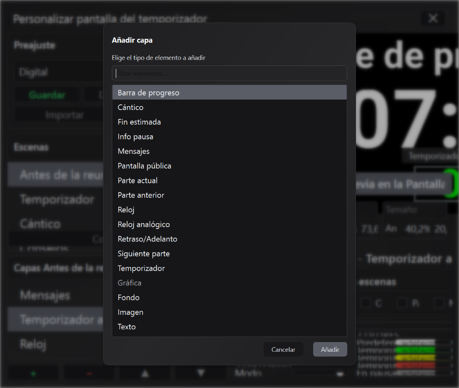 Agregar cuadro de diálogo de capa con tipos de elementos disponibles en la pantalla Contador de tiempo