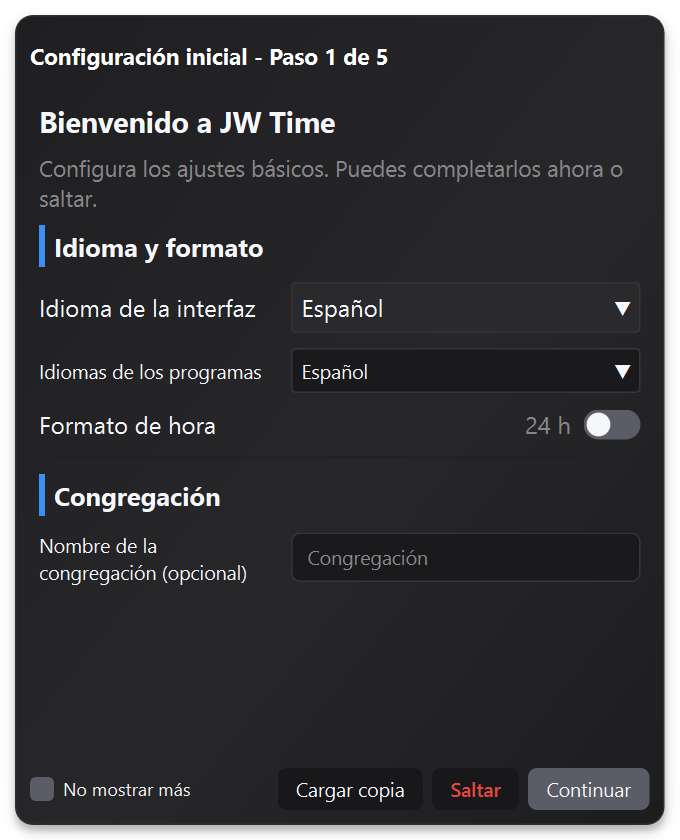 Asistente de primer inicio de JW Time