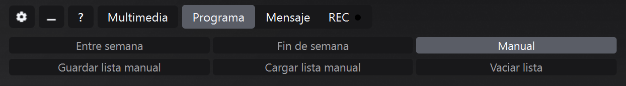 Panel de Programa en modo Manual con lista Guardar, Cargar y Vaciar