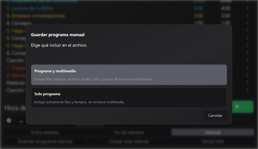 Ventana emergente para guardar el programa manual, con elección entre programa con multimedia y solo tiempos