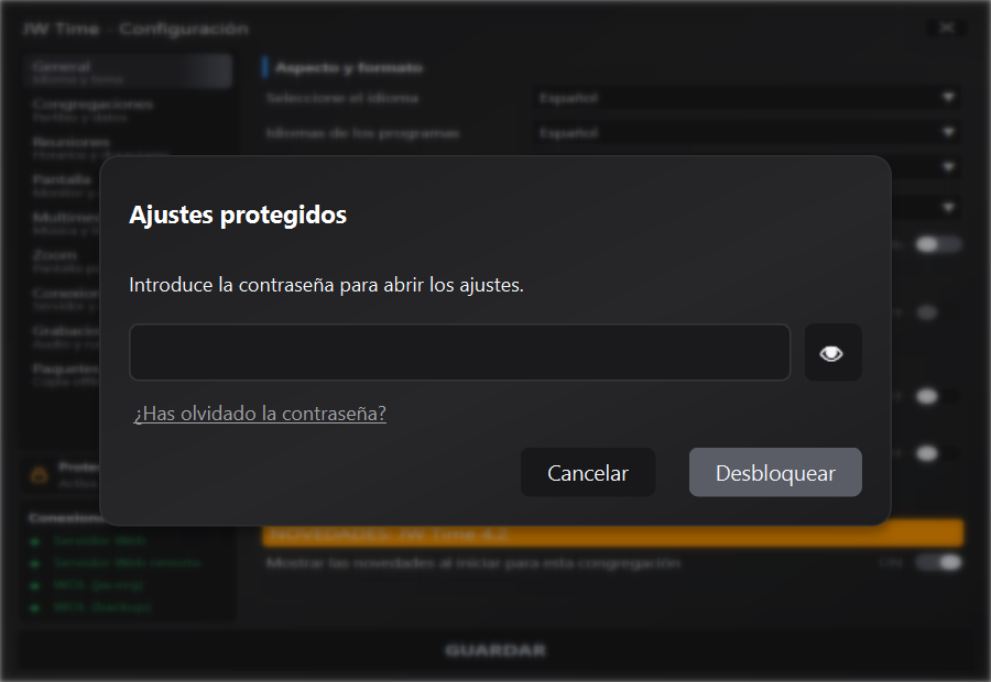 Solicitud de contraseña para desbloquear los Ajustes