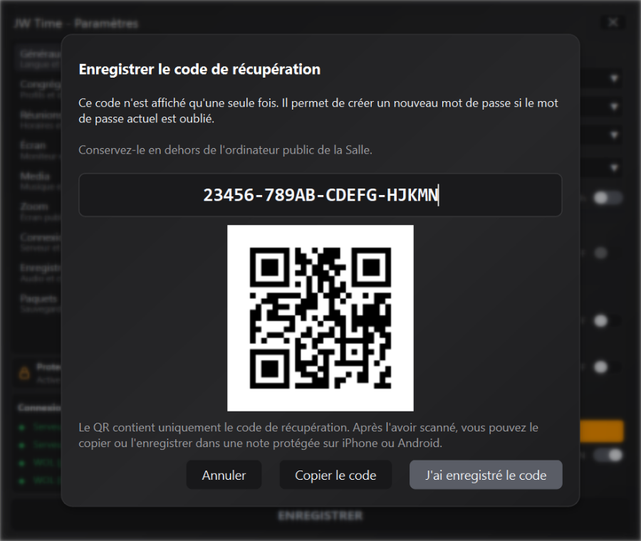 Code de récupération et QR code de la protection des Paramètres