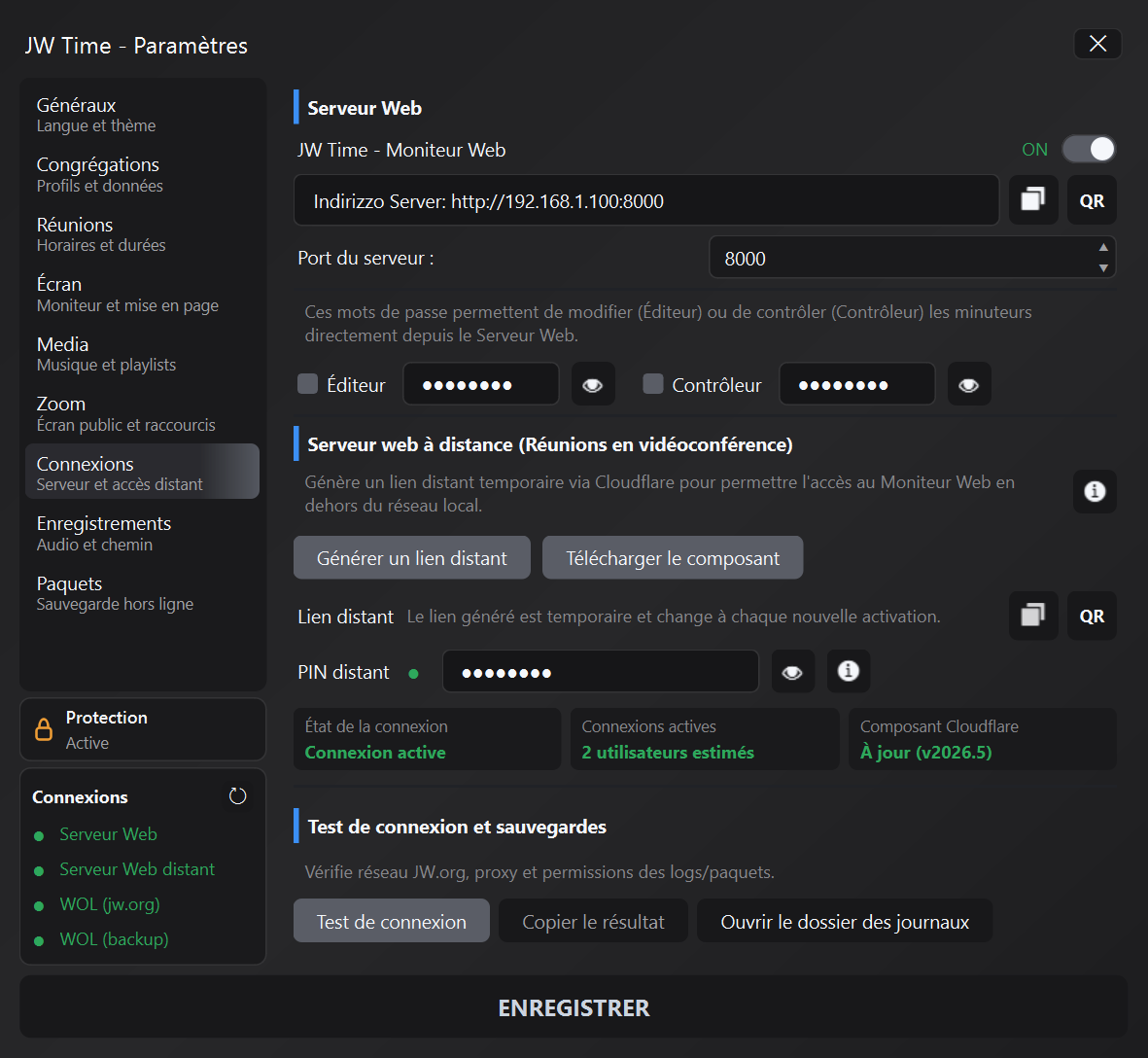 Panneau de connexions de JW Time