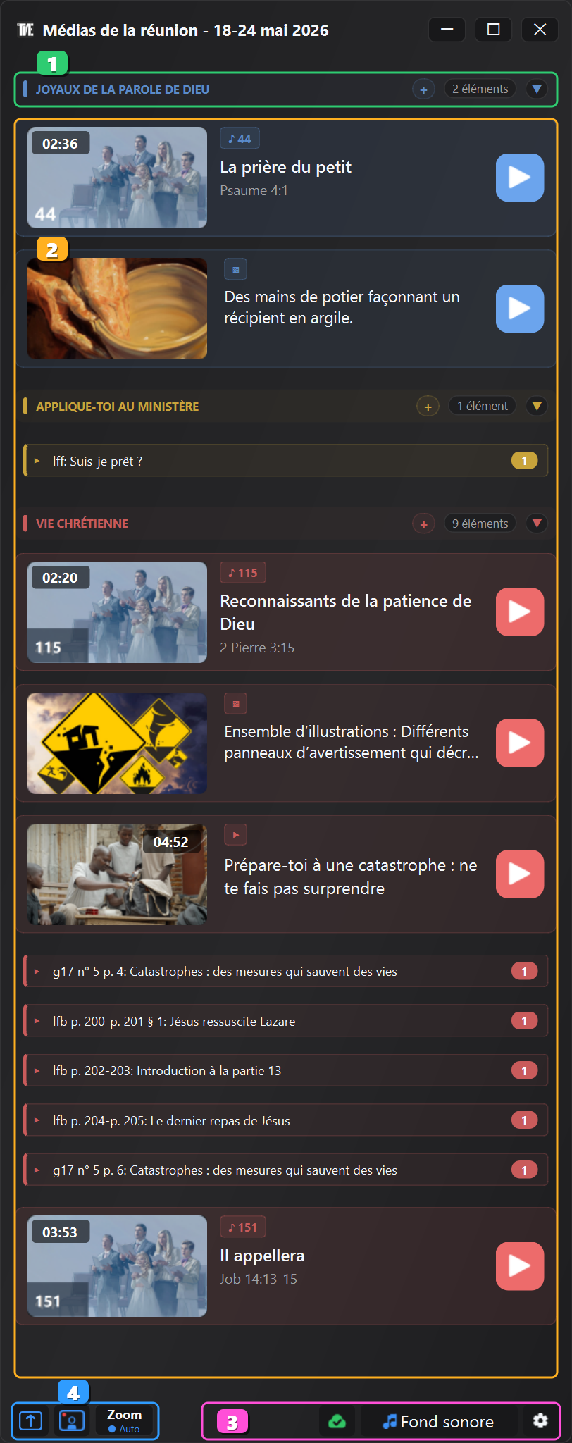 Fenêtre Média JW Time 4.0 avec zones principales numérotées