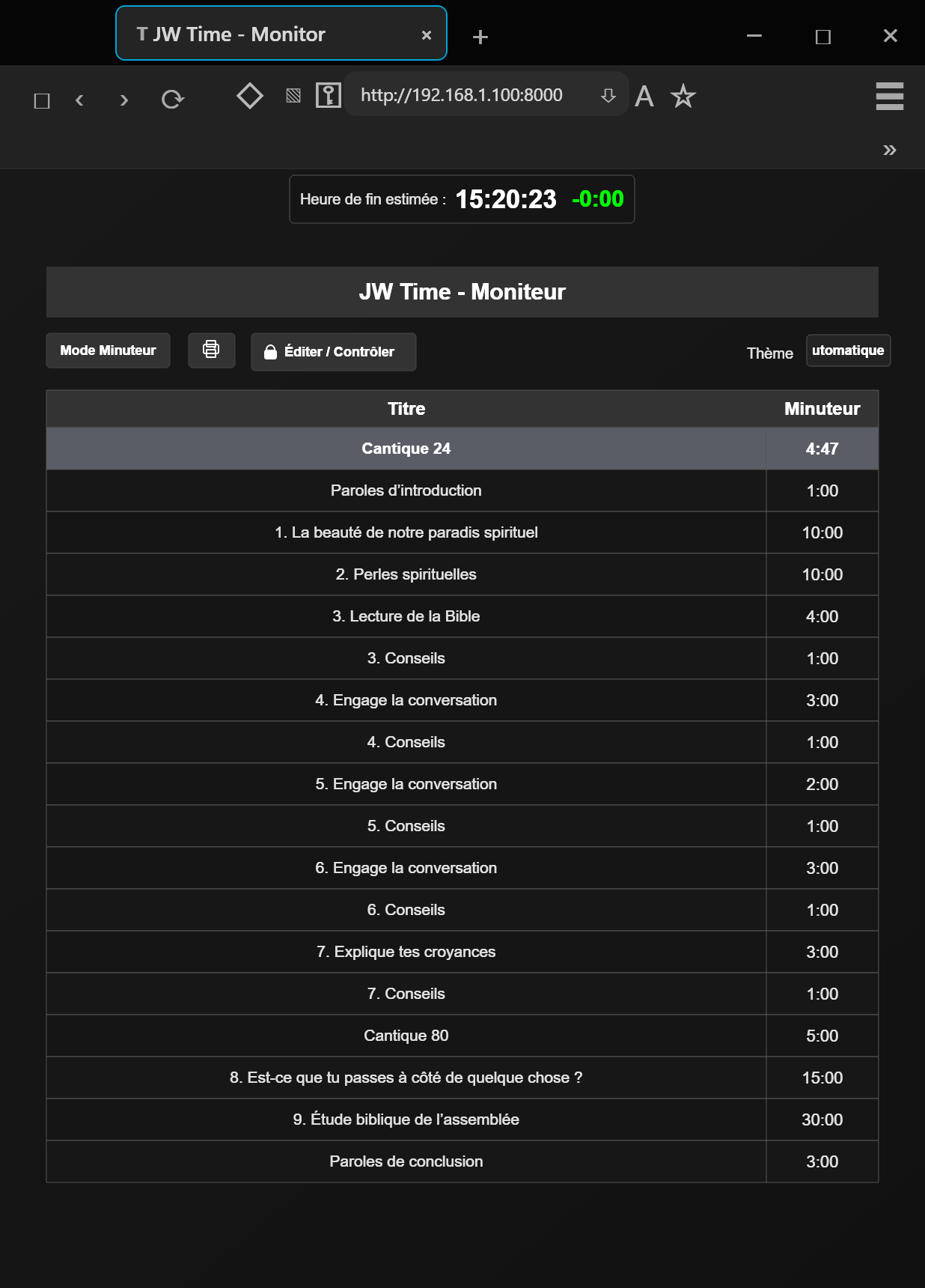 Moniteur web JW Time vu depuis le navigateur