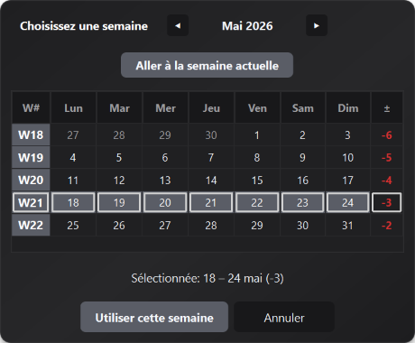 Détail du sélecteur de semaine