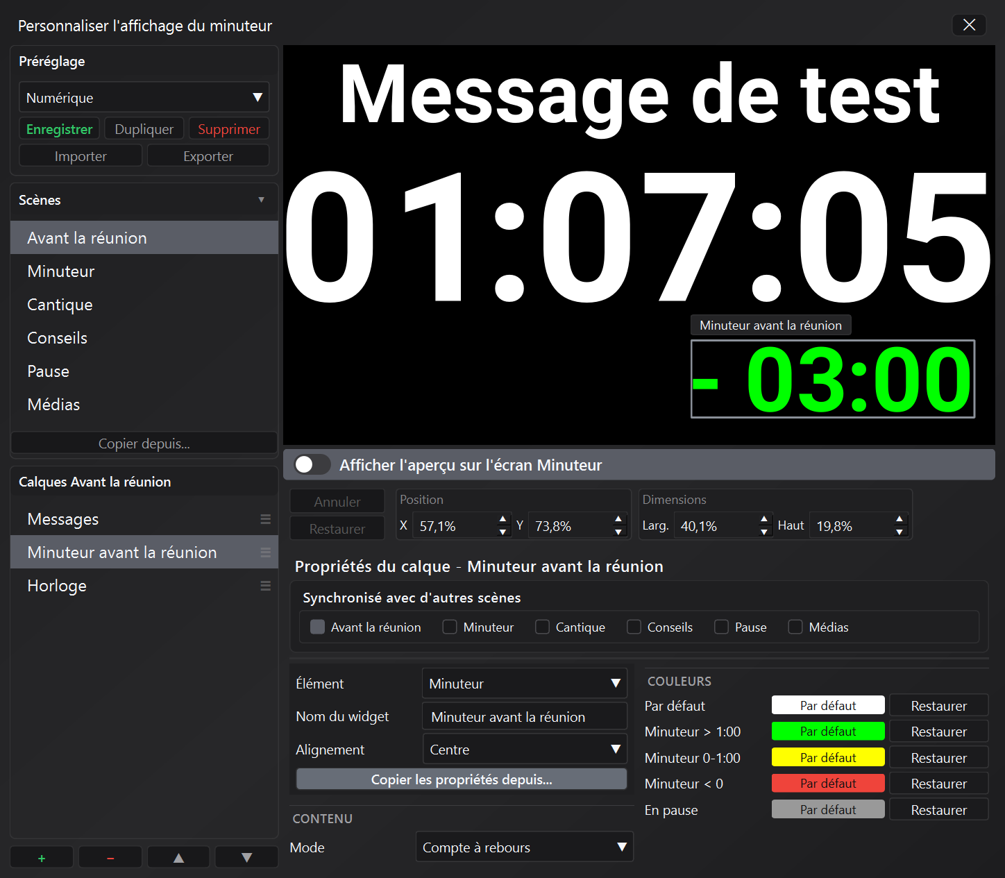 Éditeur de personnalisation de l'écran du compteur de temps