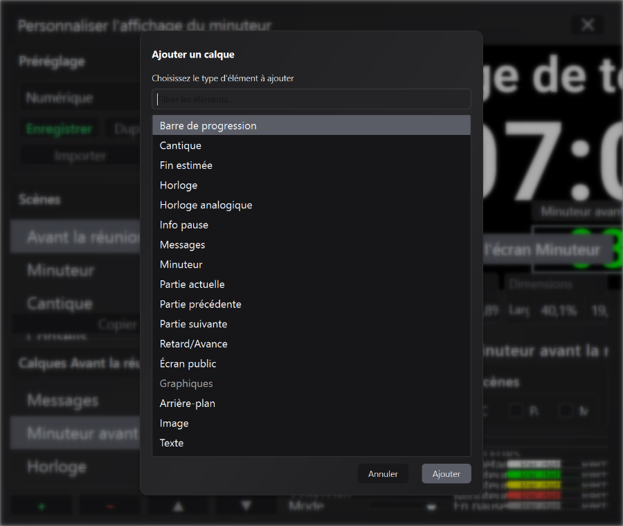 Boîte de dialogue Ajouter une couche avec les types d'éléments disponibles dans l'écran du compteur de temps