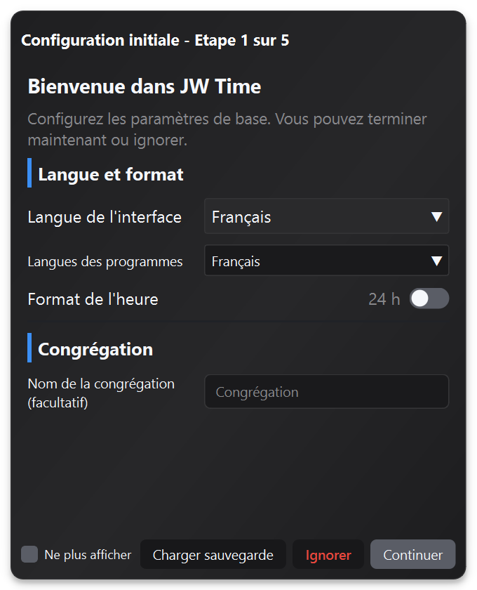 Assistant de premier lancement de JW Time