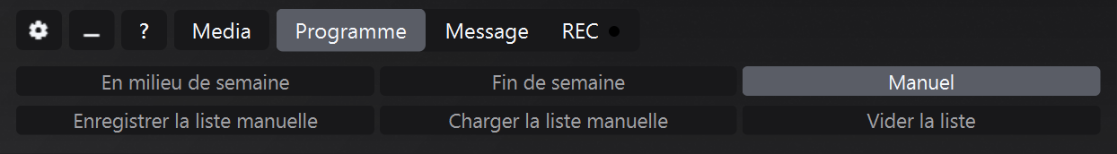 Panneau de programme en mode manuel avec liste Enregistrer, Charger et Vider