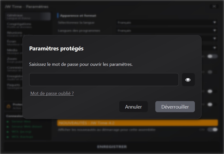 Demande de mot de passe pour déverrouiller les Paramètres