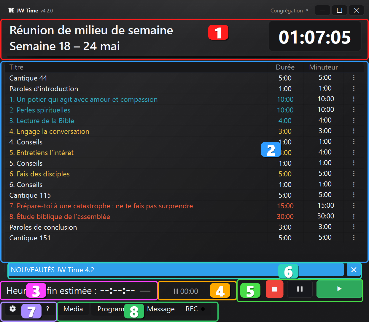 Écran principal de JW Time avec zones numérotées