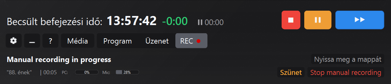 A REC gomb és a felvételi panel részlete