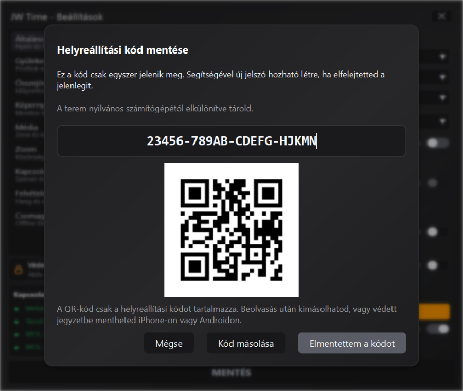A Beállítások védelmének helyreállítási kódja és QR-kódja