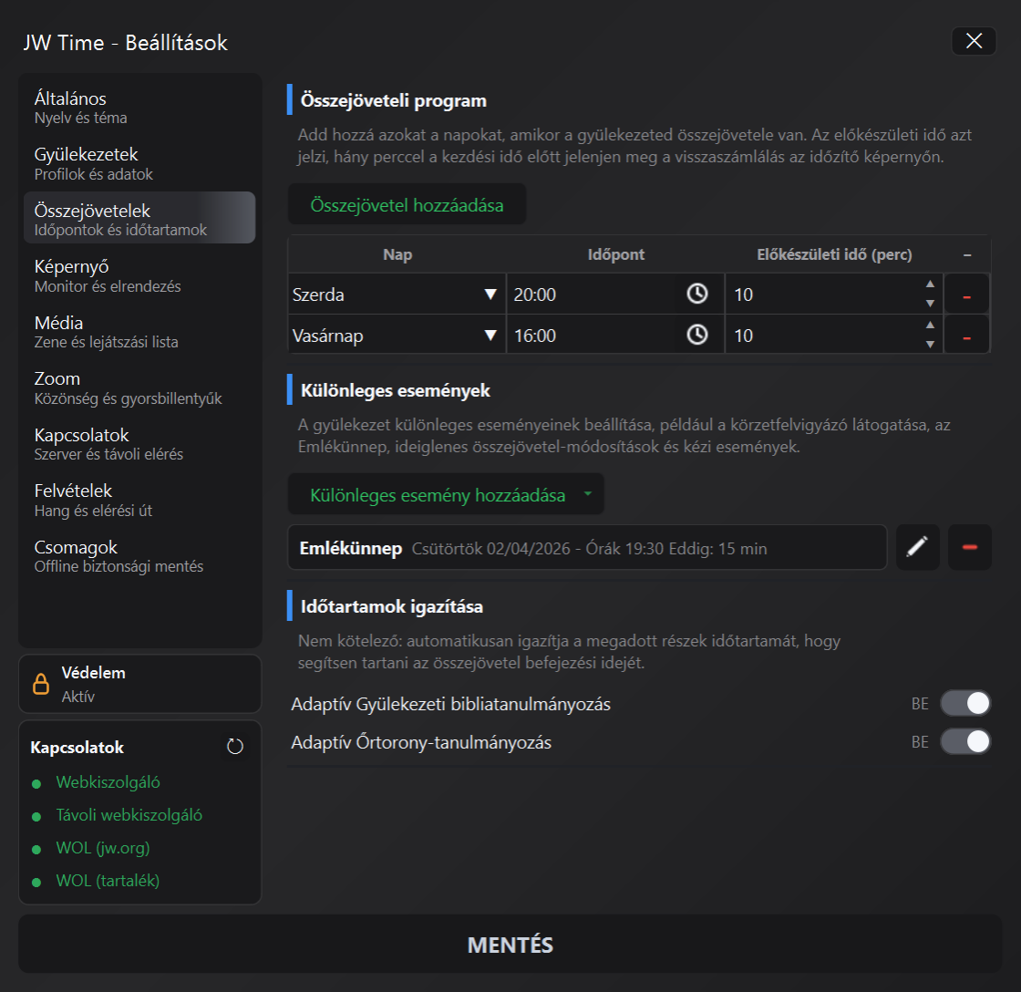 Összejövetelek panel kezdési időzítővel JW Time