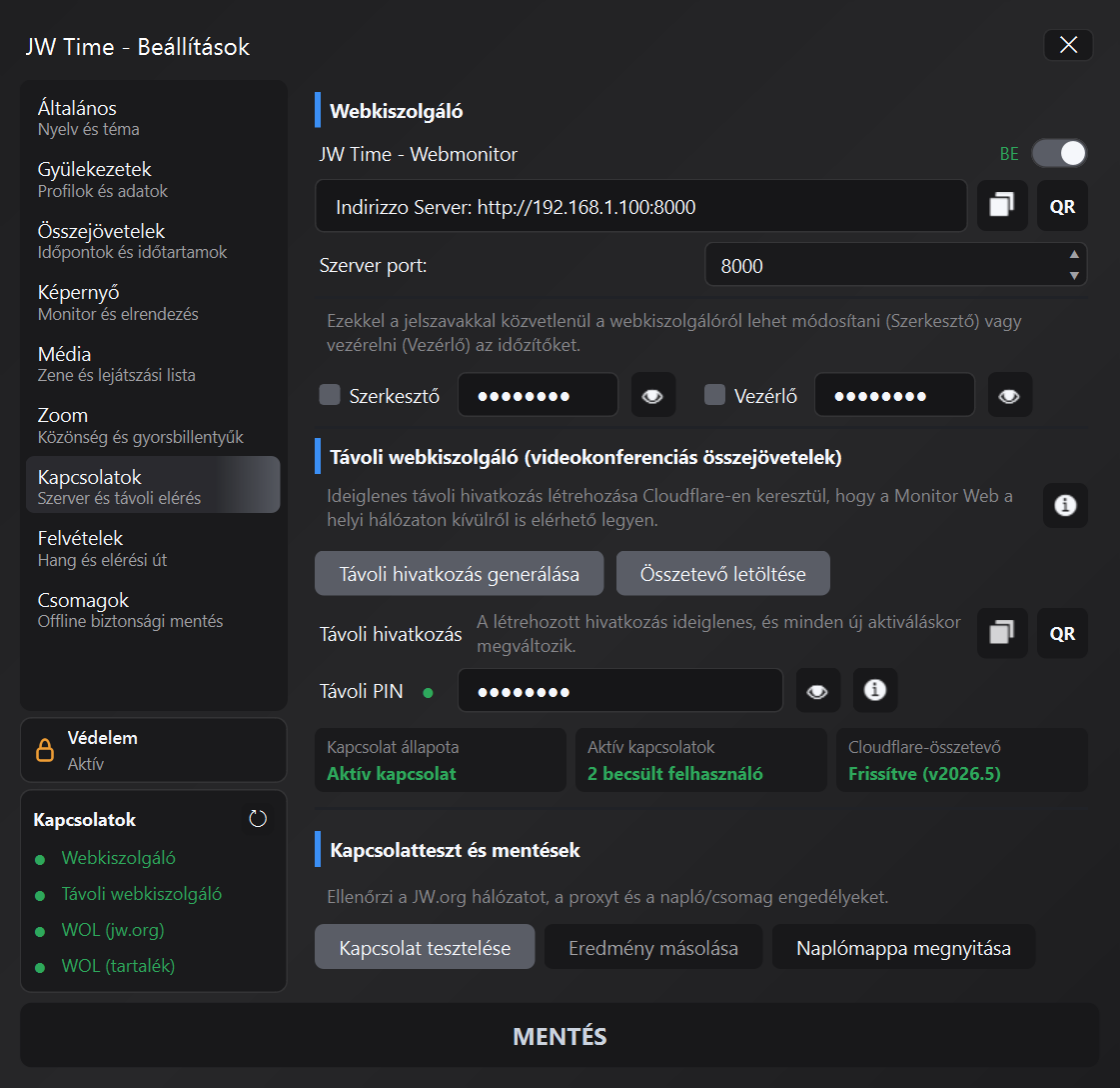 JW Time csatlakozási panelje