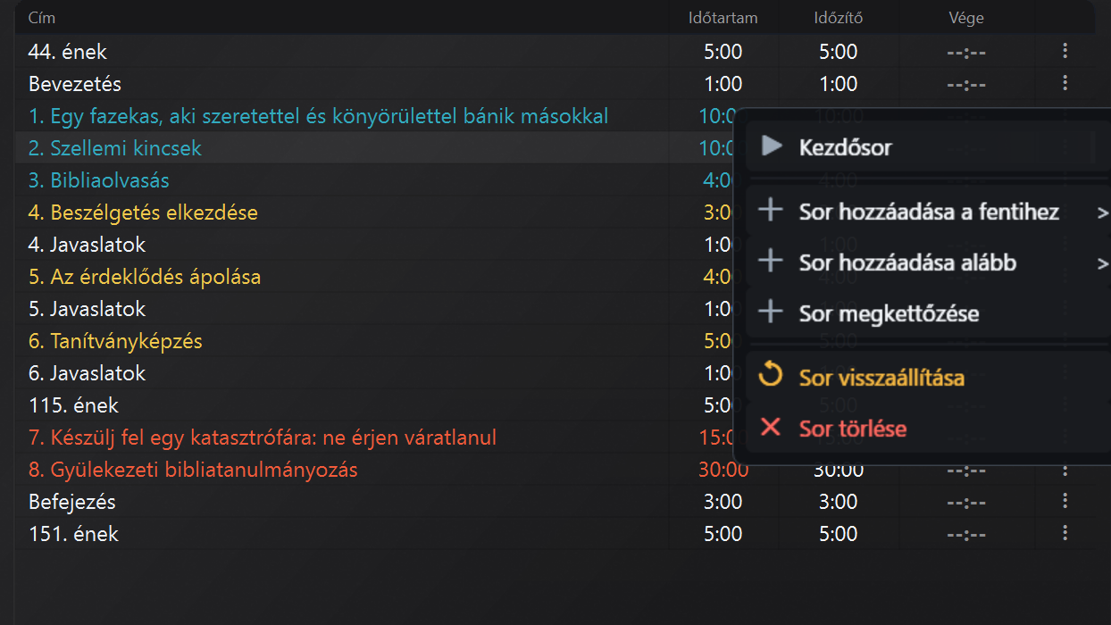 Fő műveletek az időzítőkön