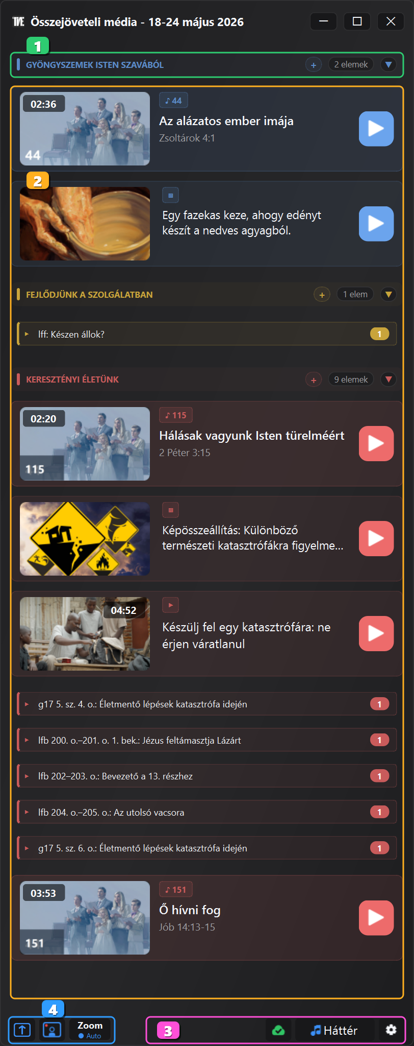 JW Time 4.0 médiaablak a fő területek számozásával