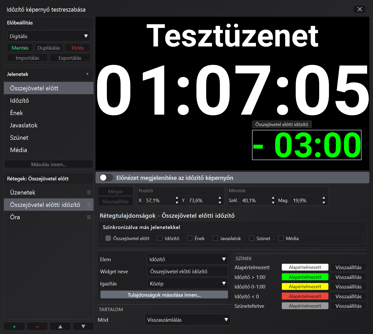 Időzítő képernyő testreszabási szerkesztő